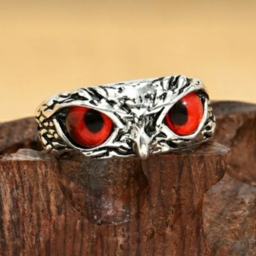 Antique Silver Red Eye Owl ring adjustable 925 sterling silver statement